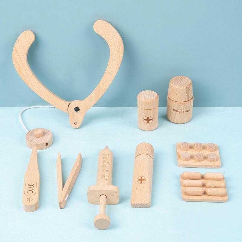 木製の医師のおもちゃ子供のシミュレーションプレイロールプレイおもちゃセット誕生日パーティーとクリスマスのための滑らかな木製の医師のプレイセット