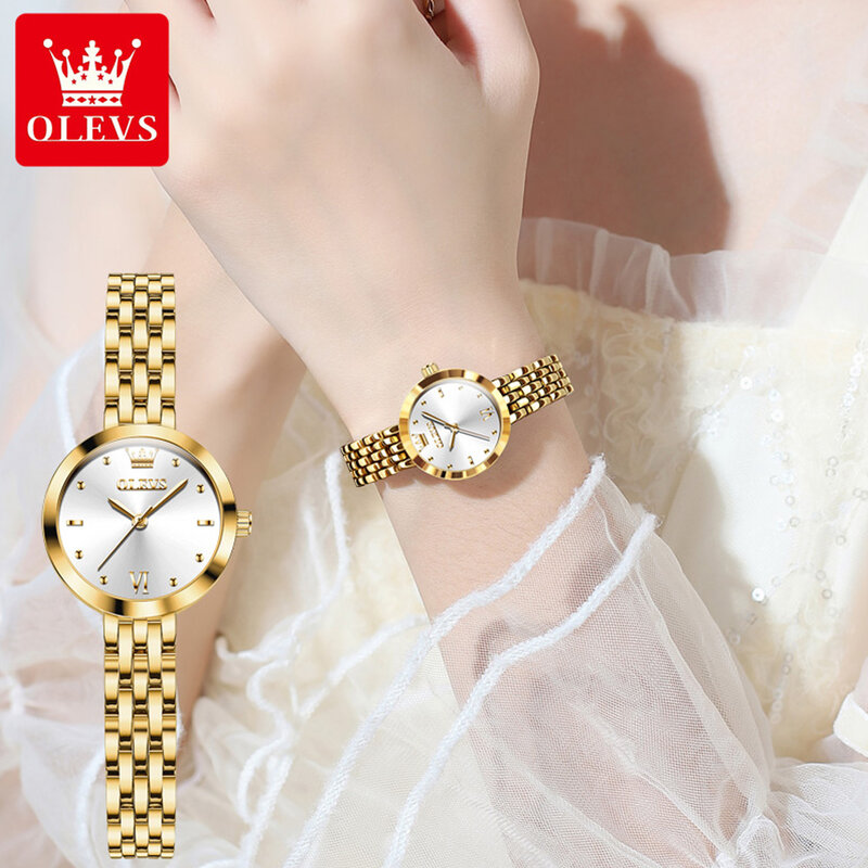 Olevs-女性のための高級ゴールドクォーツ時計,ステンレス鋼,防水,トップブランド,ファッショナブル