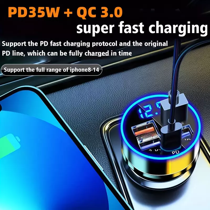 Adaptador do carregador do telefone do carro, PD + QC 3.0, 4 portas USB carregador de carro, tipo C, carga rápida 3.0, PD35W
