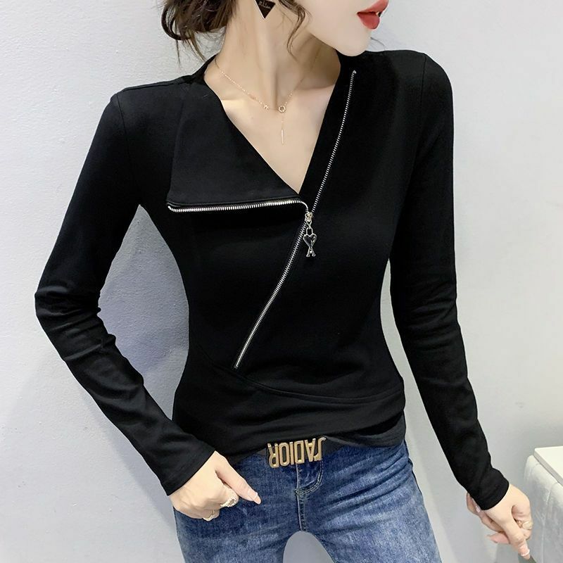 Spring Autumn Female T-shirt Irregular Long Sleeve V-Neck Fashion Patchwork Zipper Slim All-match Commute Solid Color Chic Tops