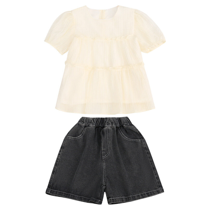 Одежда для девочек, летняя детская модная шифоновая рубашка + джинсовые шорты, комплект из двух предметов, Детский костюм с коротким рукавом, наряды для девочек-подростков