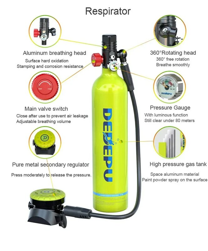 DEDEPU S5000 1LScuba Tank Oxygen Diving Cylinder Respirator Breathing Portable Snorkeling Scuba Tank Kit Capacity Refillable