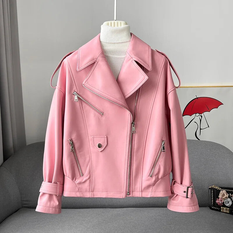 Куртка женская из натуральной кожи, весна 2024, новое мотоциклетное пальто, женские свободные куртки и пальто из овчины, короткий розовый топ