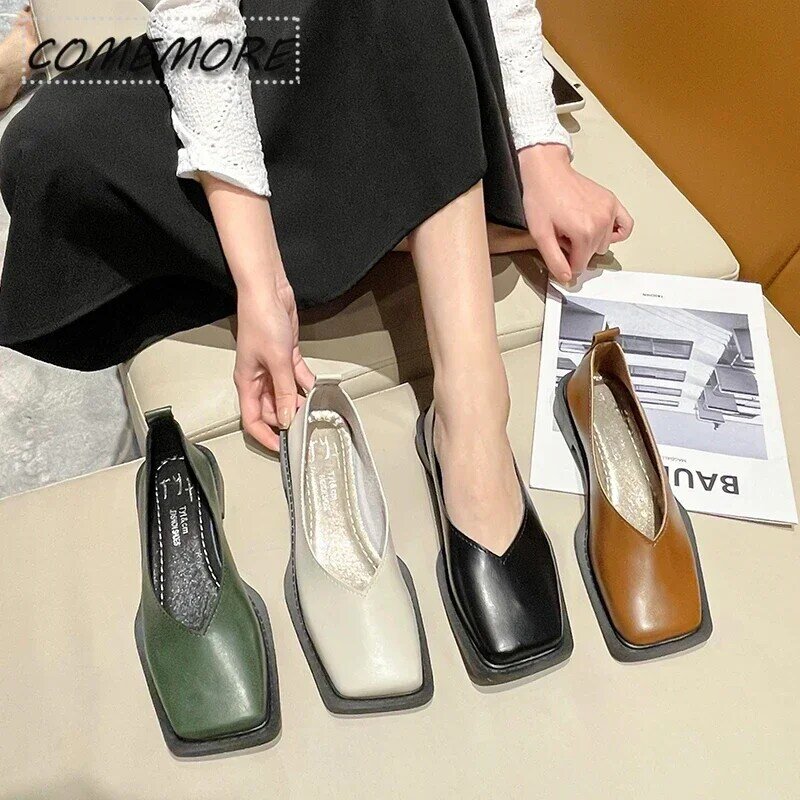 2024 New Flat Shoes Women Square Toe Single Shoes Simple Temperament Leather PU Spring Autumn 4 Colors Comfortable Work Footwear