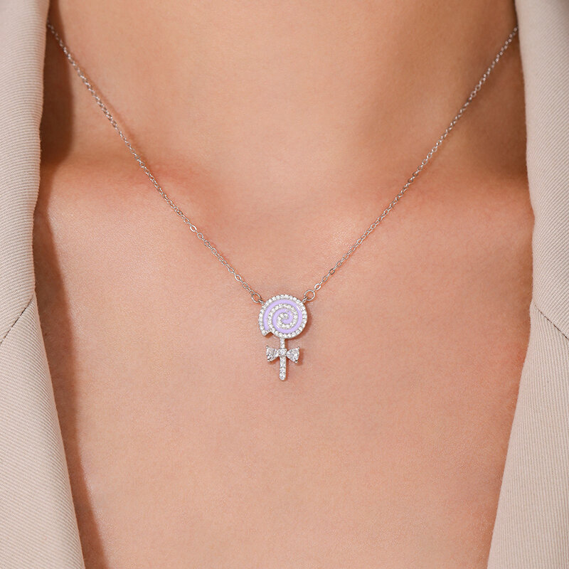 Ailmay 925 Sterling Silver Charm viola smalto lecca-lecca abbagliante CZ collana pendente per le donne ragazze accessori per feste gioielli