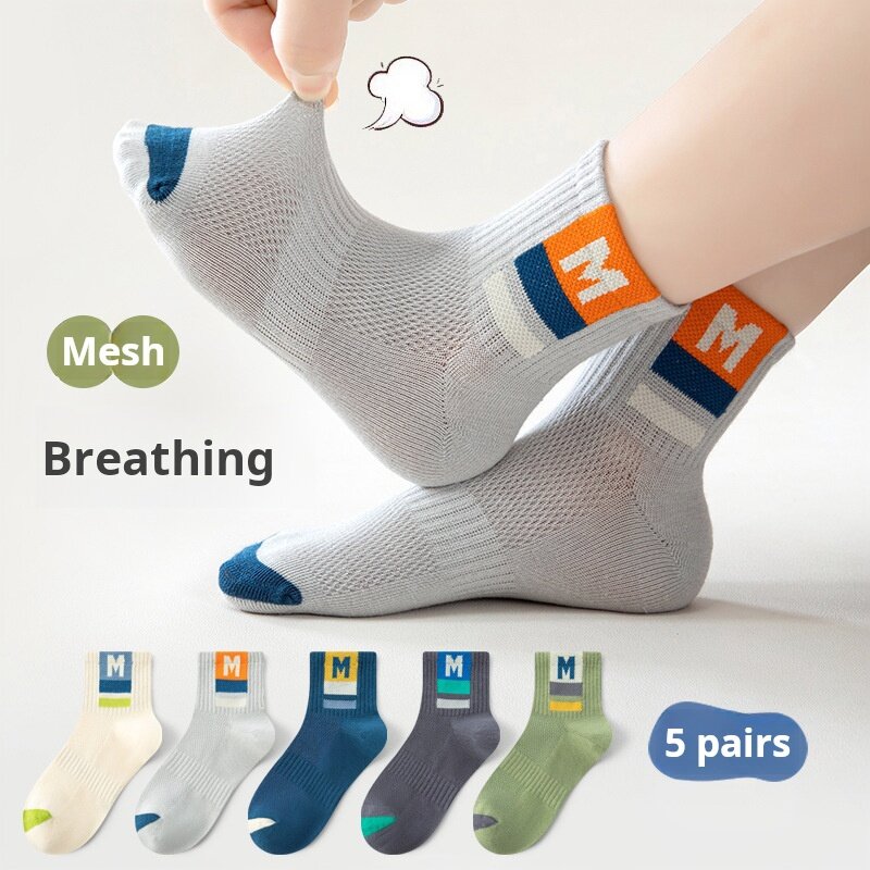 Kids Summer Breathable Cotton Socks Antiodor Letter Pattern Mesh Sports Midcalf Socks for Boys Girls Five pairs