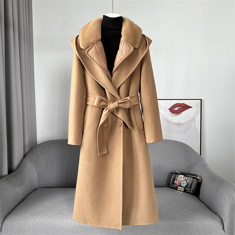 Aorice-Chaqueta de lana de lujo para mujer, abrigo de plumón con cuello de piel de visón, abrigo largo de talla grande, Parka, CT2156