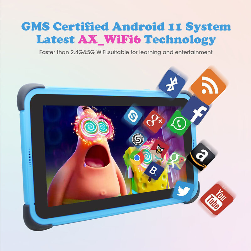 Weelikeit Tablet anak-anak, Tablet belajar anak-anak 8 inci Android 11 1280x800 IPS 2GB 32GB Quad Core 4500mAh Wifi dengan dudukan