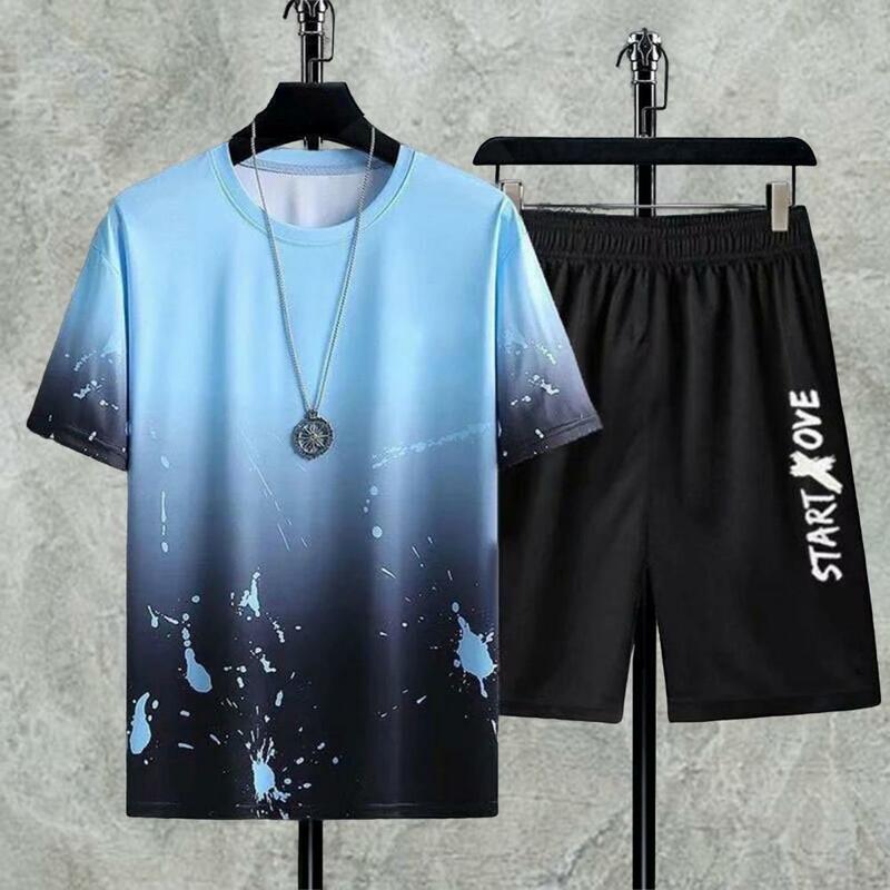 Summer Solid Gradient 2 Piece Set T-Shirt Tracksuit Short Sleeves O Neck Beach 3D Printed T-Shirt Shorts Set Men Tracksuit