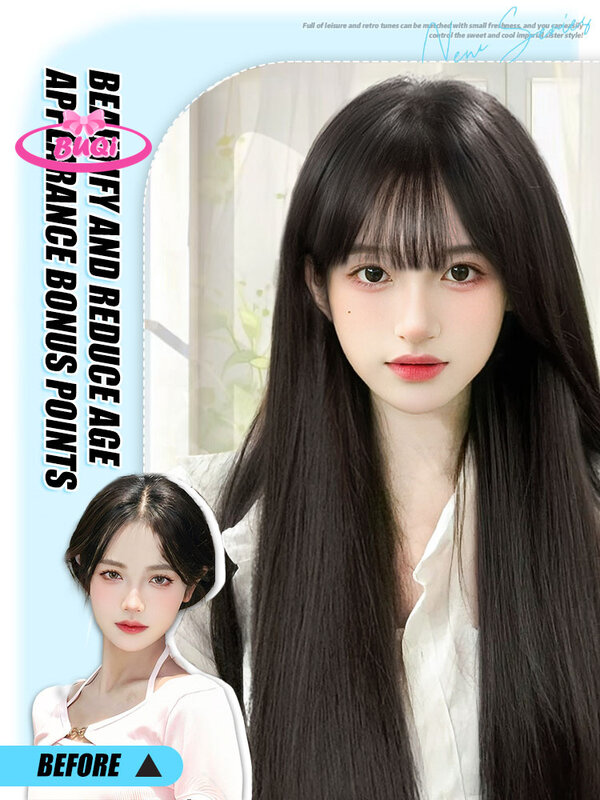 BUQI Long Straight Synthetic Wig with Bangs Dark Black Hair Wigs for Women Cosplay Natural Hair Wigs Party Heat Resistant