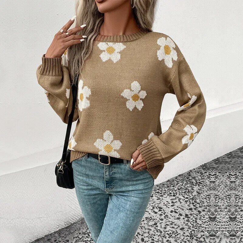 A Euramerican maglioni moda donna coreano autunno primavera manica lunga Top pullover o-collo Jacquard Pattern Jumper