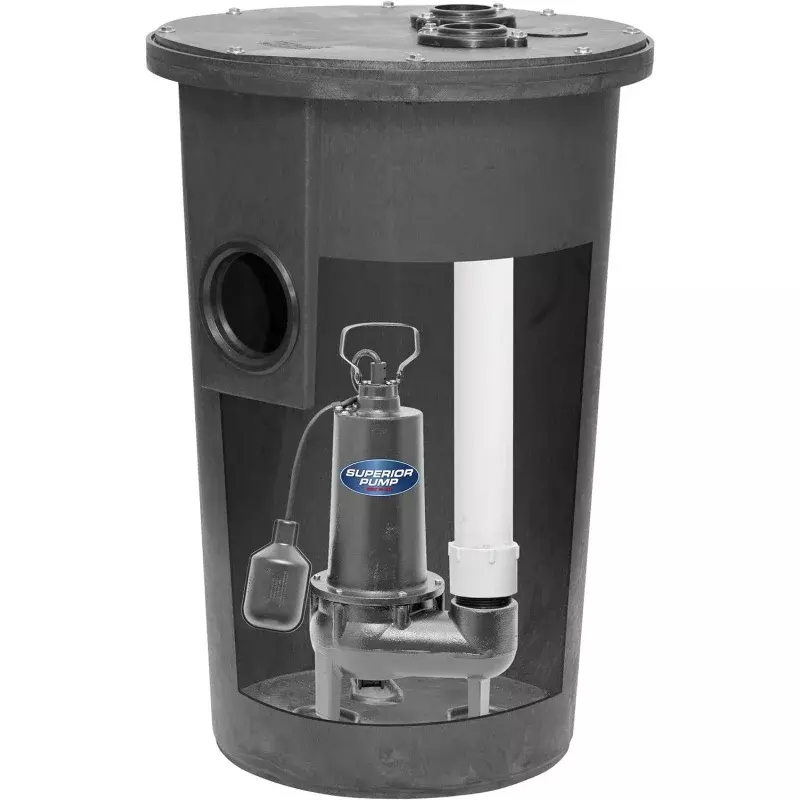 Superior Pump 93015-U Cast Iron Tethered Float Switch Sewage Pump with Basin Kit, 1/2 HP, Black