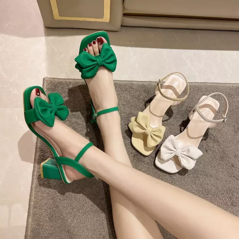 Grandi sandali Open-toe tinta unita donna estate nuova fibbia a una linea moda temperamento fiocco nodo comode scarpe da donna