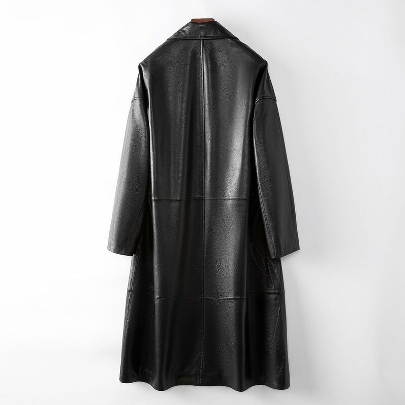 Haining-Manteau en cuir à double boutonnage pour femme, longueur aux genoux, coupe-vent en peau de mouton, printemps, nouveau, 2024