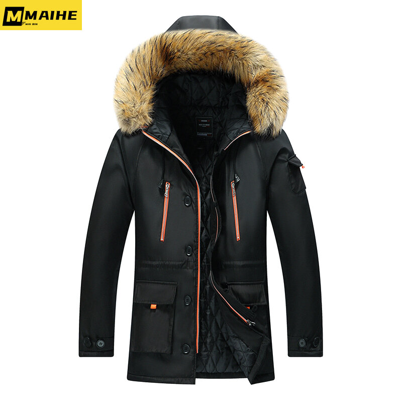 -30 Winter Plus size jacket Men's long warm straw hat edge parka Men's outdoor work clothes Multi pocket windproof padded jacket