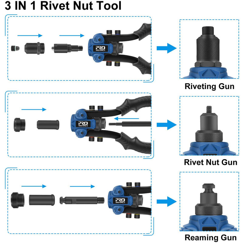 Rivet Nut Tool 3 in 1Rivet Gun Reamer Set Professional Rivet Nut Setter Kit with 6 Metric/SAE Mandrels  PROSTORMER