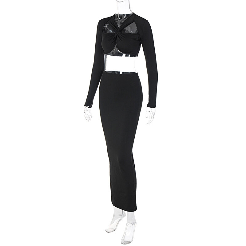 2 Piece Matching Sets Black Long Sleeve Hollow Out 2023 Winter Festival Party Tracksuit Sexy Slim Crop Top Maxi Skirt
