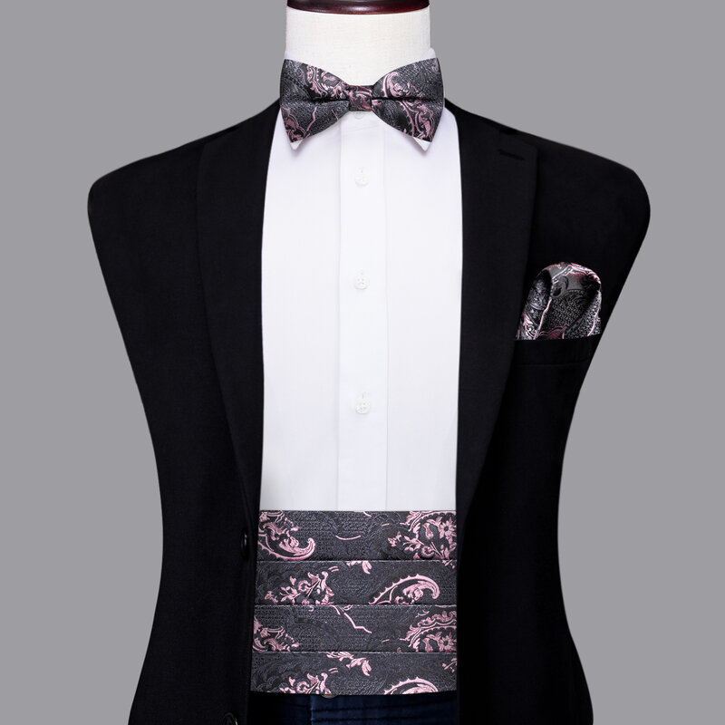 Hi-Tie Silk Gray Pink Mens Cummerbunds Vintage Jacquard Bowtie Hanky Cufflinks Cummerbund Belt Corset For Male Wedding Events