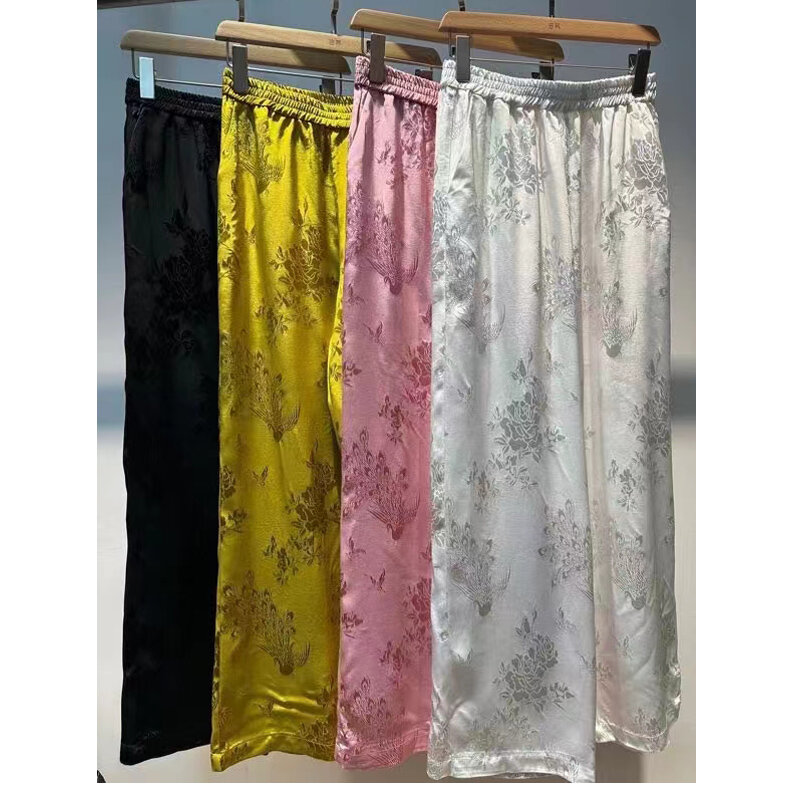 High Quality Spring And Summer New Women's Fashionable Candy Colored Elastic Waist Rayon Jacquard Straight Leg Pants S-XL