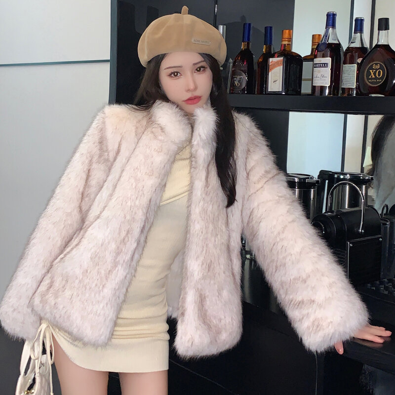 Mantel bulu palsu wanita Korea, jaket hangat lengan panjang ramah lingkungan musim dingin