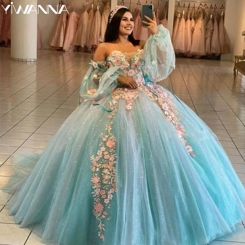 Graceful Off The Shoulder Quinceanera Dresses Colorful 3D Flower Ball Gown Sparkly Sweet 16 Year Princess Dress vestidos de anos