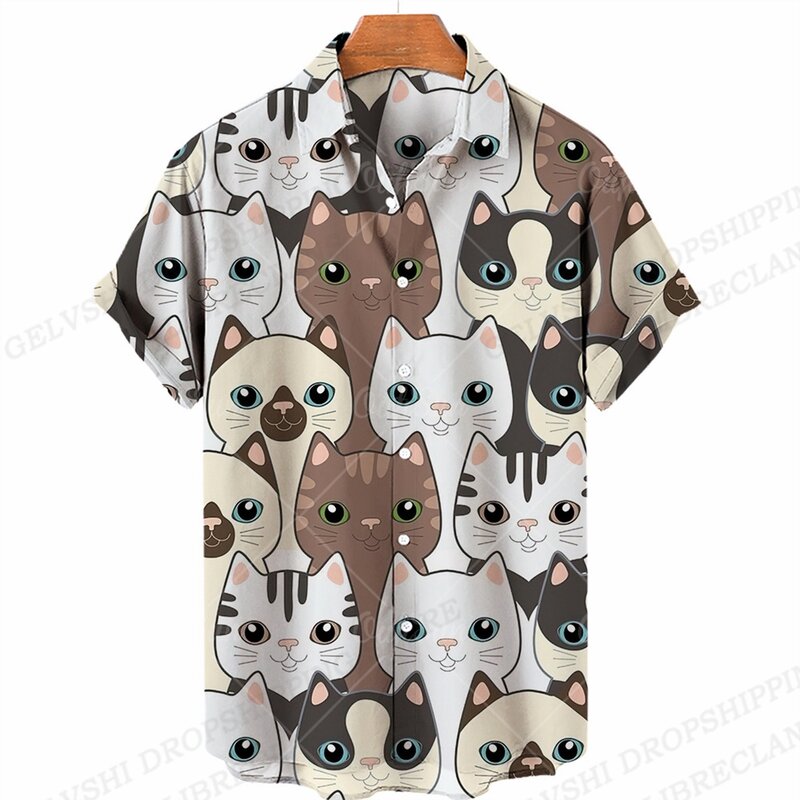 Camisas hawaianas con estampado 3D para hombre y mujer, camisa de moda, blusa de playa, blusas de vacaciones, ropa de animales, gato, Verano
