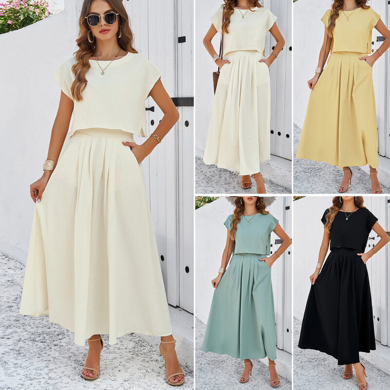 YEAE Casual Temperament Pure Colour Short Sleeve Long Skirt Women's Suit Summer Hot Fashion Women's Long Skirt Suit In New 2024
