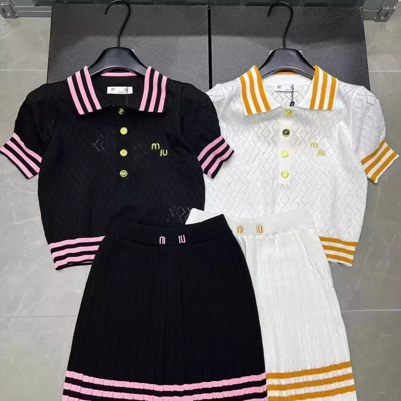 Two-piece Sets Spring/Summer New Fashion Women Embroidery Letter Temperature Academy Style Slim Knitted Top+Short Skirt Set