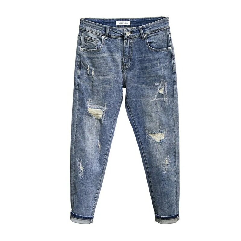 Calça de lápis jeans casual justa masculina, buraco quebrado, jeans lavado, design de rua alta, nova, primavera e outono, 2022