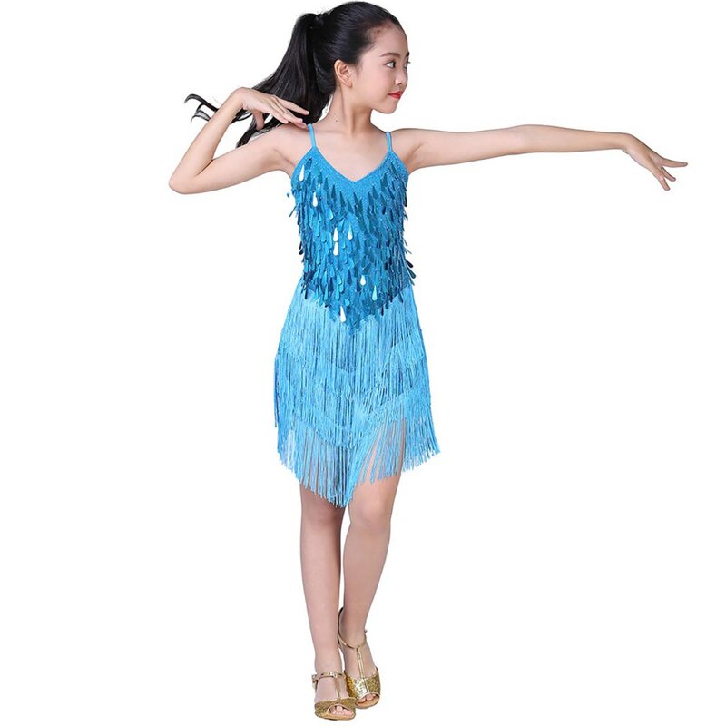 Vestido de dança latina infantil com franja de lantejoulas, traje de competição para meninas, vestido de salsa de 5 a 18 anos