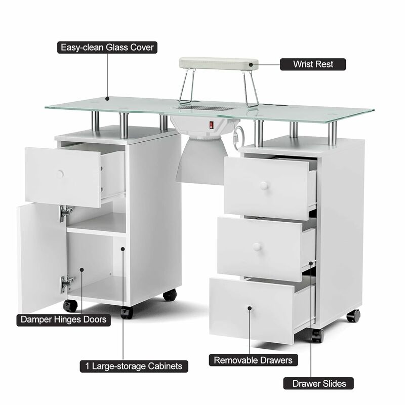 Paddie Manicure Table with Glass Top, Foldable Arm Rest, Lockable Wheels, Storage Drawers for Nail Tech - White