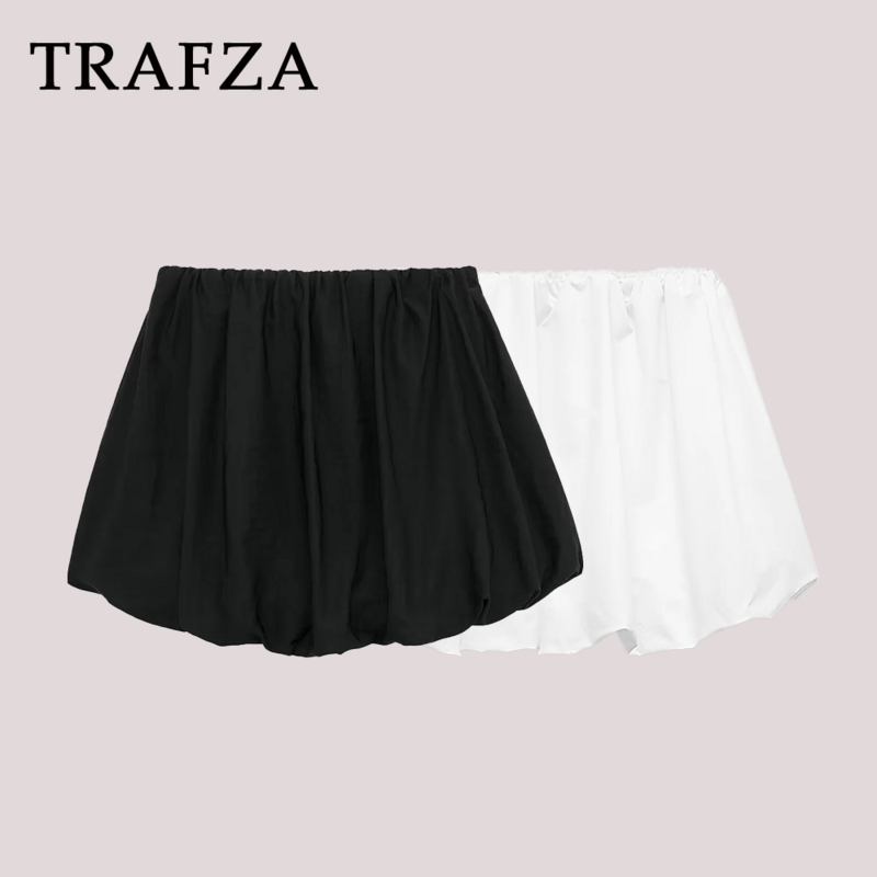 TRAFZA 2024 Spring Summer Casual Women Skirts Fashion Streetwear Solid High Waist Mini Ball Gown Skirts Chic Beach Style Skirts