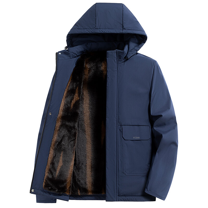 Men's 2024 Winter Velvet Thickened Fashion Hooded Zipper Pocket Cotton Shirt Imitation Rabbit Hair Inner Warm Long Sleeved Coat