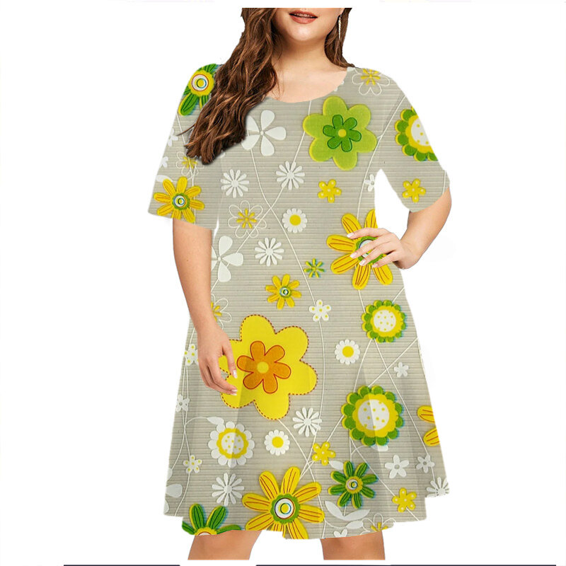 Vestido estampado floral feminino, vestido de verão, floral, hippie, manga curta, solto, moda, plus size, 5XL, 6XL