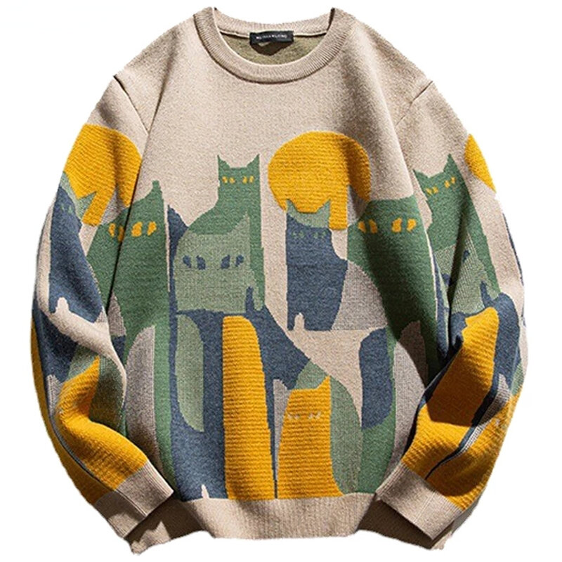 Осень 2023, вязаный свитер для мужчин и женщин, Зимний пуловер в стиле Харадзюку С мультяшным принтом кота, винтажные повседневные свободные свитера, уличная одежда