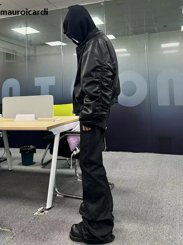 Marouicardi-男性用ブラックPUレザーボンバージャケット、厚手で暖かい、特大のフード、高級デザイナー服、偽の2服、秋冬