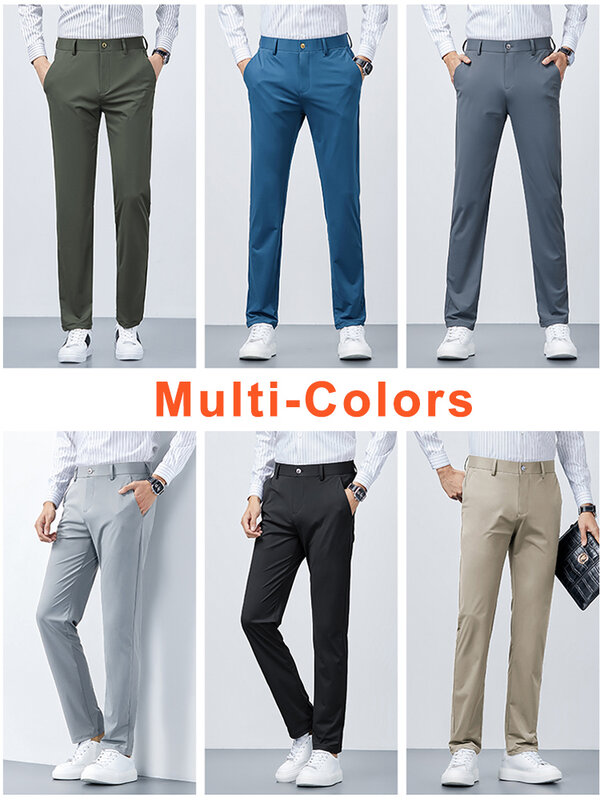 2022 New Summer Men Long Pants Breathable Stretched Spandex Nylon Slim Thin Chinos Male Business Formal Straight Suit Trousers