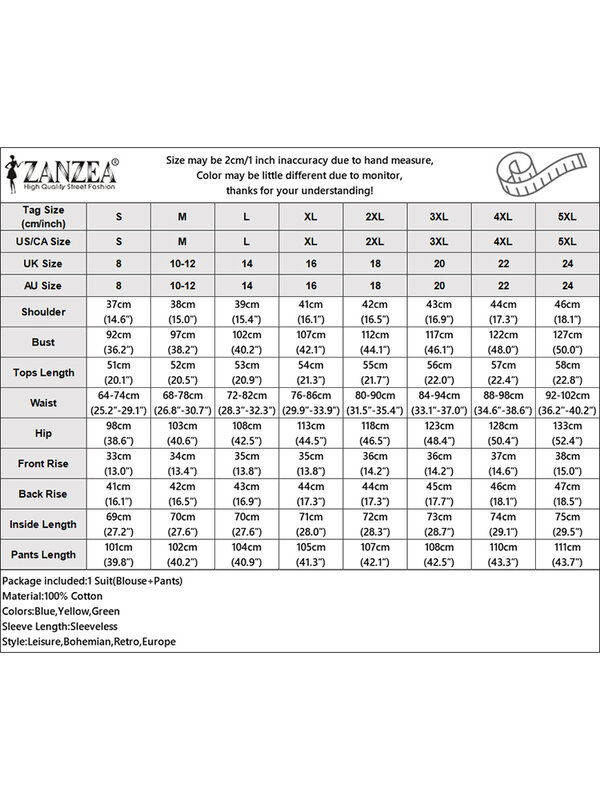 ZANZEA 패션 민소매 블라우스 바지 세트, 투피스 세트, 여성 의상, 여름 바지 정장, 캐주얼 작업 운동복