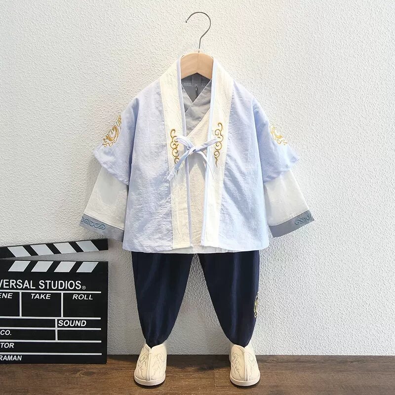 Hanfu – costume Tang pour garçon, trois ensembles, en coton et lin, imprimé rétro, Style chinois, printemps et automne
