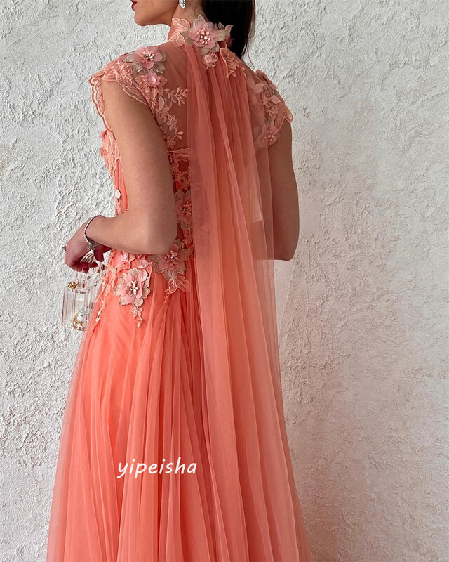 Gaun pesta malam Arab Saudi Tulle Applique manik-manik Ruched ulang tahun A-line kerah tinggi gaun acara Bespoke gaun panjang