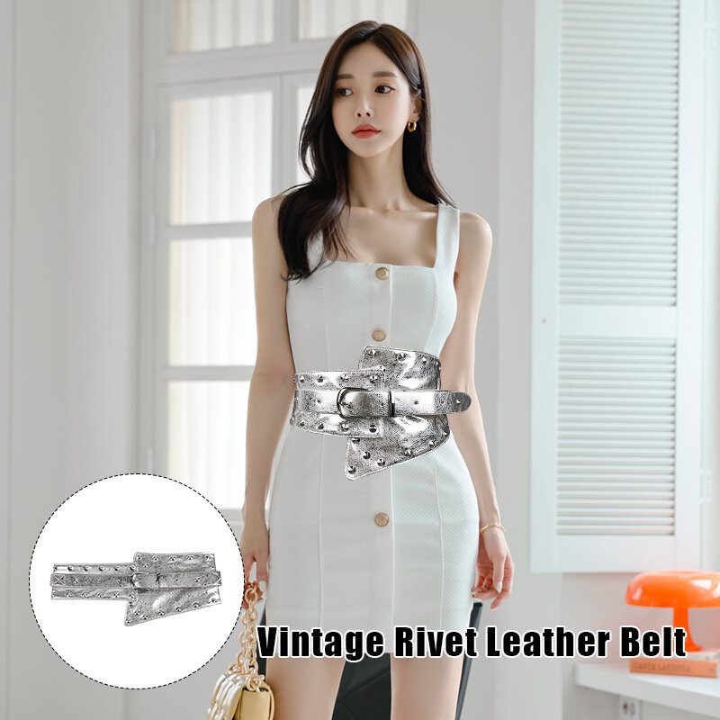Bright Silver Vintage Rivet Women Faux Leather Waist Corset Elastic Wide Belt Body Shaper Slim Waistband for Daily Coat Dress