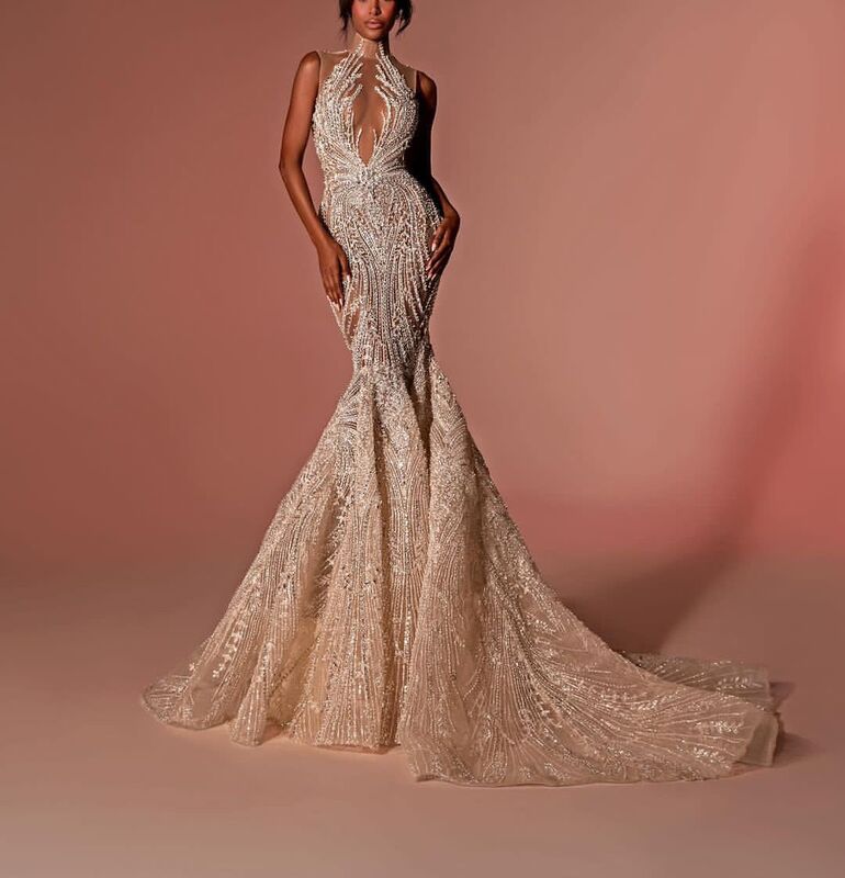 Gaun malam putri duyung seksi applique tanpa lengan leher V Halter 3D gaun Prom renda manik-manik berlian buatan kustom berenda ukuran besar