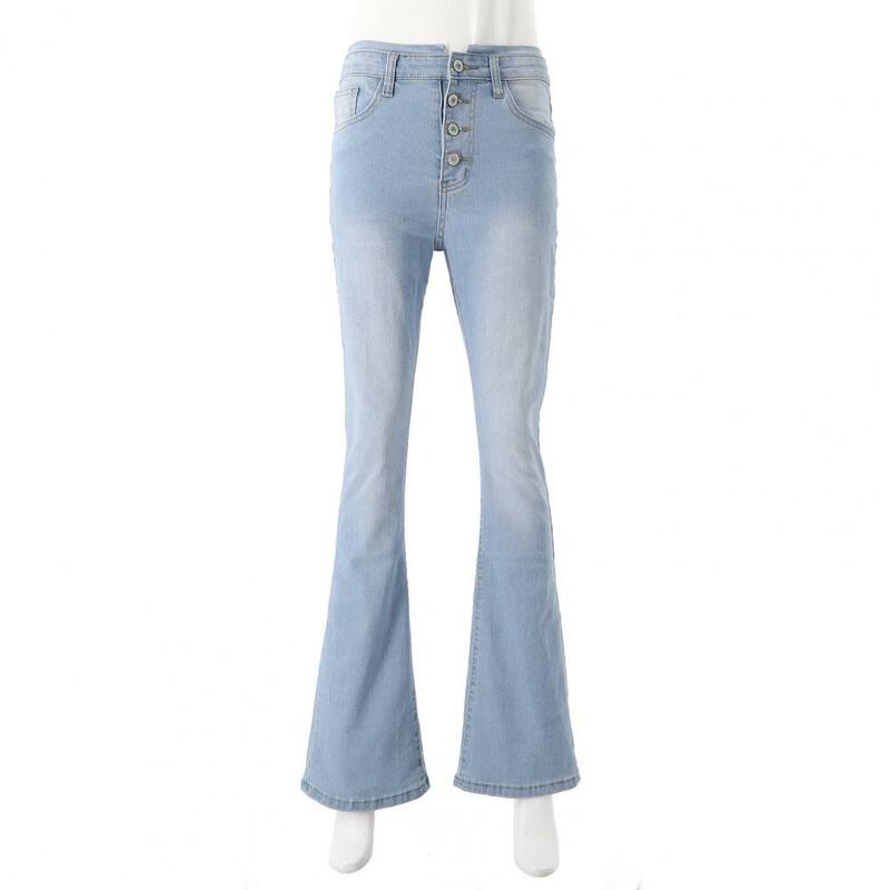 جينز جينز نسائي عالي الخصر بحافة واسعة ، لون متدرج ، جيوب مطابقة كاملة الطول ، زر مناسب للجسم