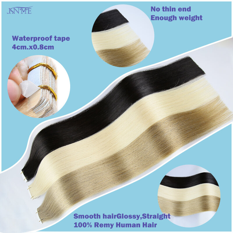 JSNME Tape In Hair Extension Invisible 100% Real Human Hair Straight Tape Ins Black Brown Blonde 2.5g/pcs 16-24 inch For Woman