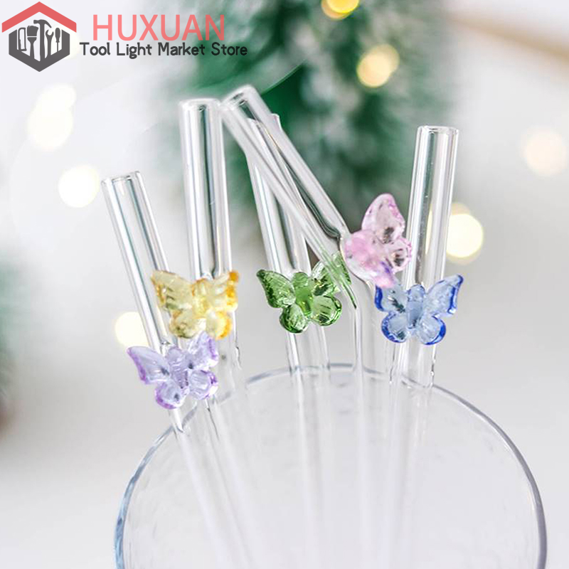 Reusable Glass Straws With Butterfly Eco Friendly Drinking Straws With Clean Brush For Smoothies Cocktails Bar Accessory