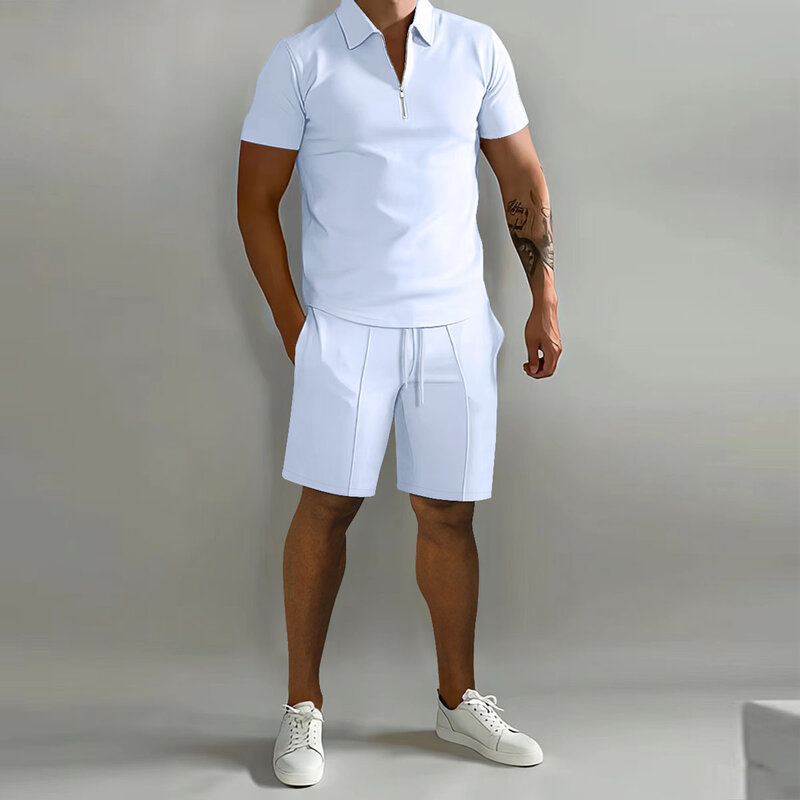 Solid Color Daily Summer Men Shorts Sets Casual Zip Lapel Short Sleeve T Shirts 2 Pieces Sportswear Set Mens