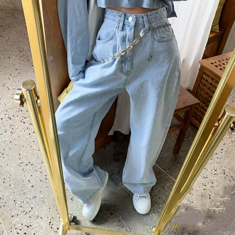 Pantalon bleu clair délavé pour femme, jean droit taille haute, jambe large coréenne, pantalon de nettoyage décontracté, jean baggy, vêtements pour femmes, mode