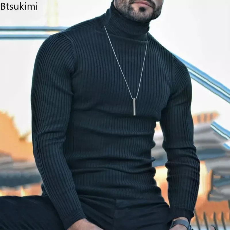 Мужская Трикотажная черная водолазка, модные облегающие пуловеры, топы, мужские однотонные дышащие вязаные свитера, топы для мужчин, 2024