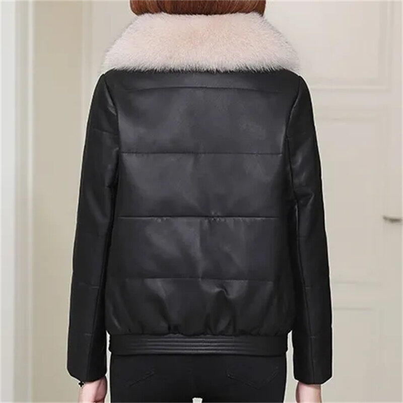 여성용 짧은 PU 가죽 코튼 재킷, 루즈 퍼 칼라 코트, 패션 더블 브레스트 아웃웨어, 두꺼운 오버코트, 가을 겨울