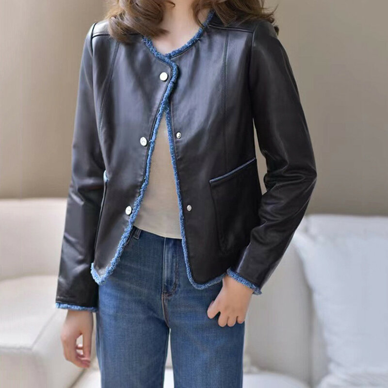 Jaket kulit domba kualitas tinggi wanita gaya Perancis musim gugur 2022 jaket leher-o F058